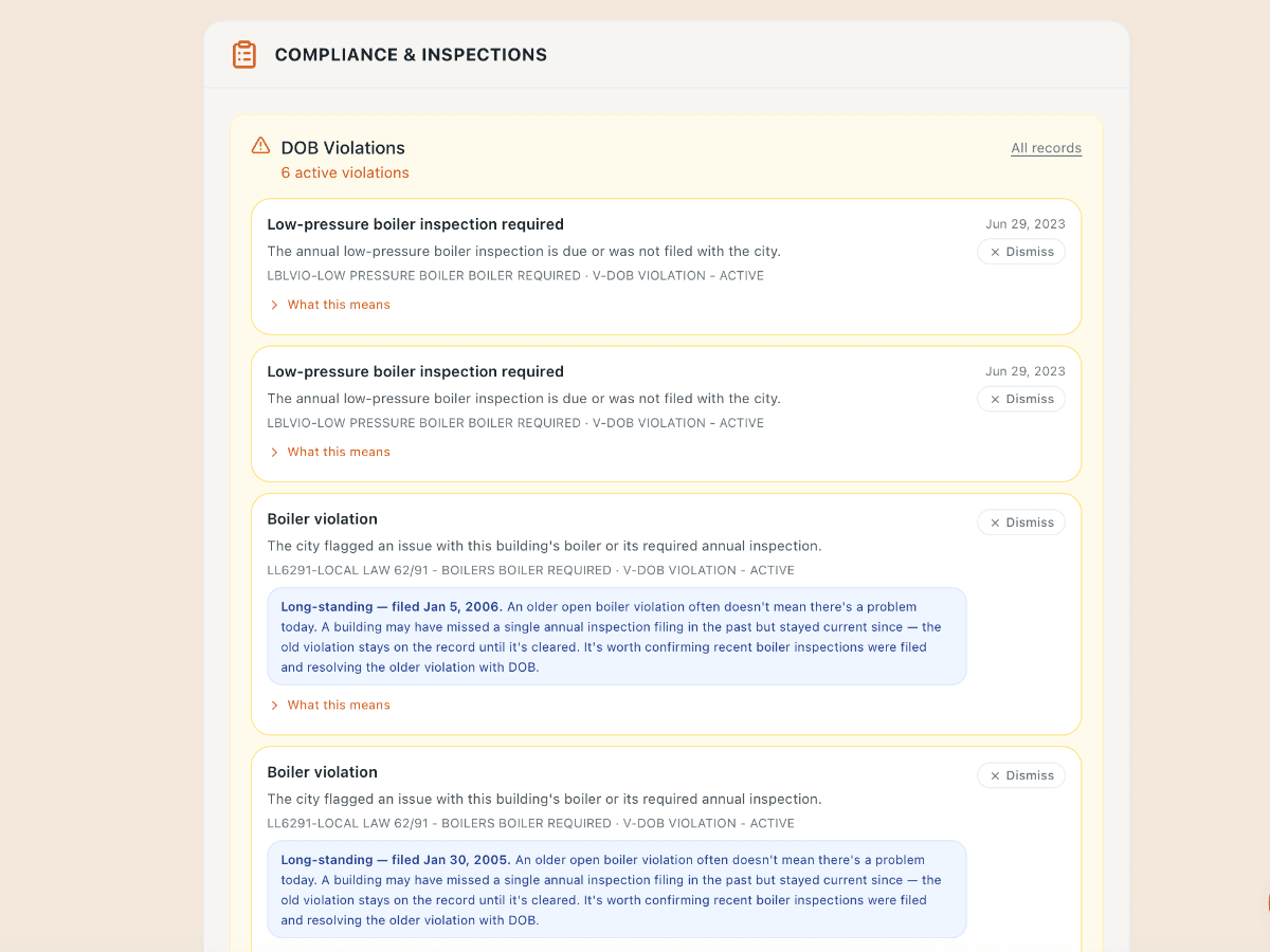 OurStoop Compliance & Inspections panel listing active DOB violations with plain-English explanations