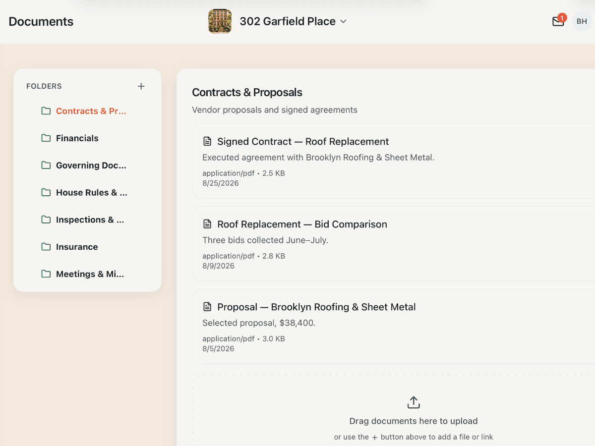 OurStoop documents library with building folders and signed contracts and proposals