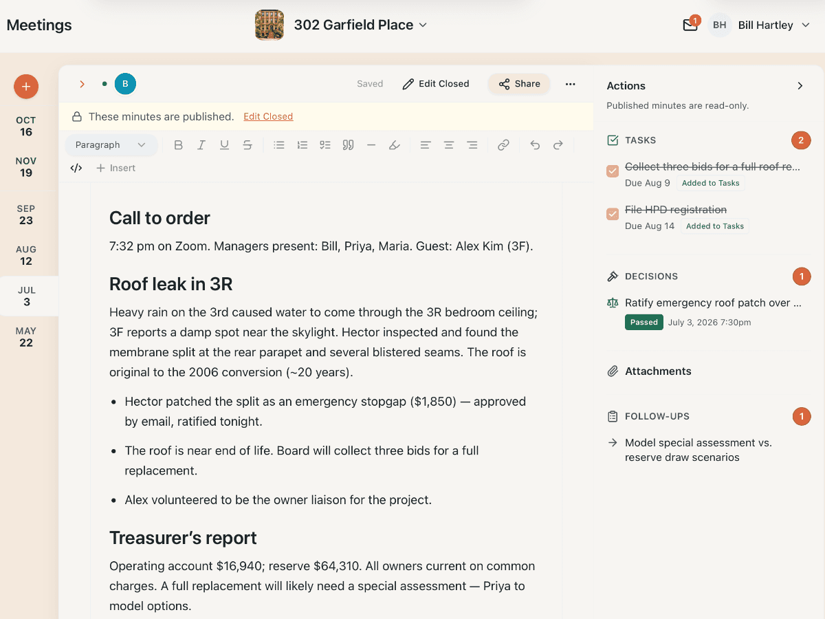 OurStoop published meeting minutes with tasks, decisions, and follow-ups